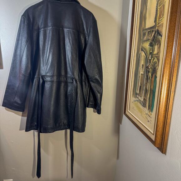Middlebrook Park Black Leather Coat | Belted Matrix-Style Trench Jacket (Size L) - Picture 6 of 10